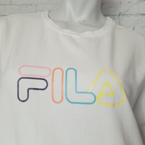 Fila Womens SZ XL Tee T Shirt White Outline Spellout TINY FLAW Stretch Boxy Fit - Picture 2 of 11